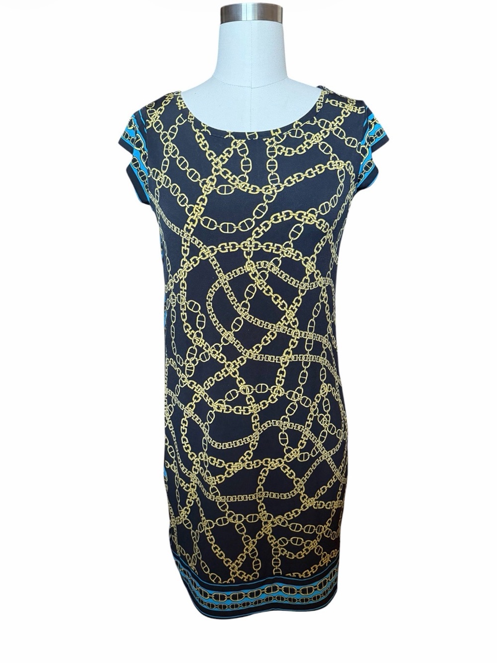 Michael Kors Black & Gold Chain-Print Cap-Sleeve Mini Dress with Teal Trim - Picture 2 of 8